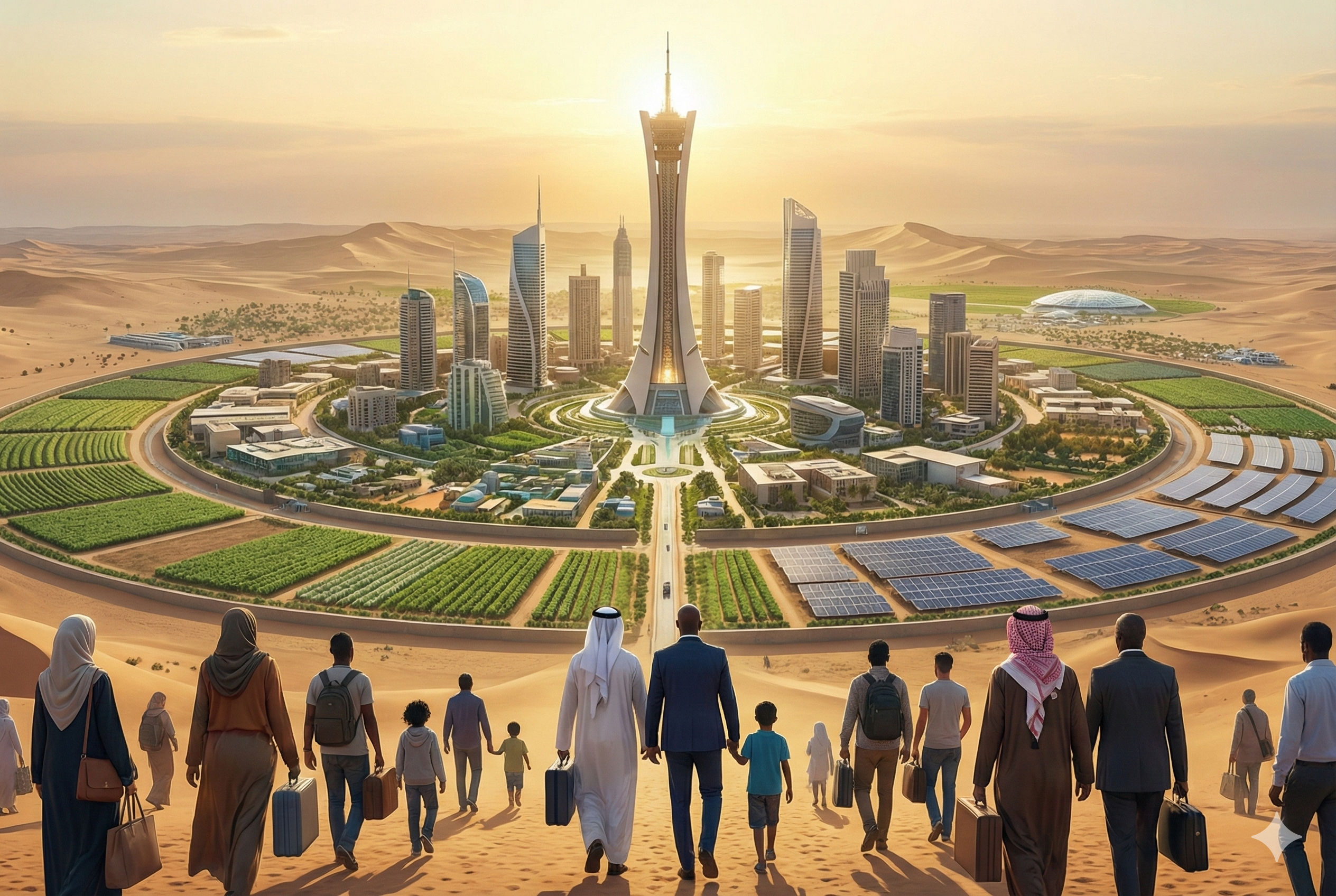 A wide-angle landscape photograph of the futuristic, circular city of AlAtlantis under construction in the Mauritanian desert at sunset. A diverse group of people, some in business attire and some in traditional clothing, walk towards the city's entrance, carrying briefcases and luggage. The city features a tall central tower, sustainable architecture, large solar panel arrays, and green agricultural rings.